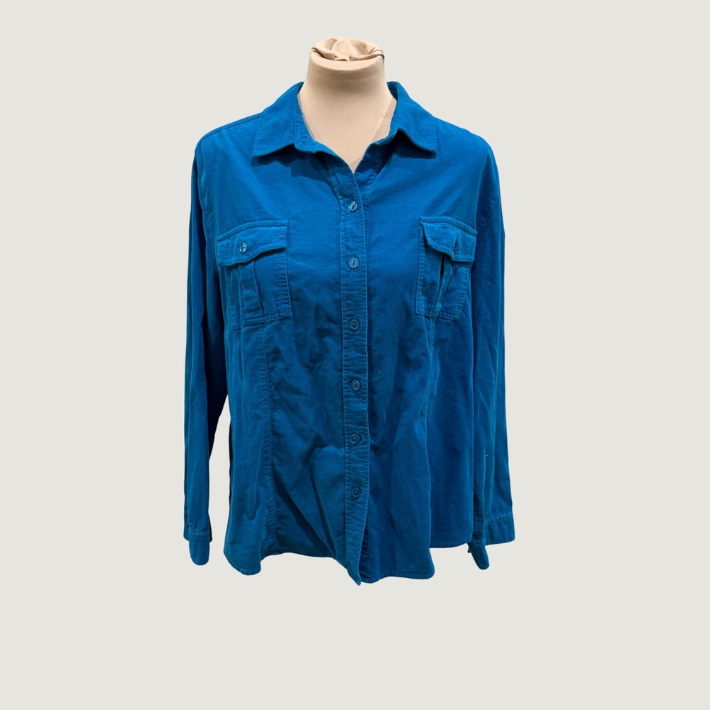 Chico's Corduroy Shirt Peacock Blue Button Down Size 3 XL Fall Layering Pockets